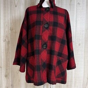 Coldwater Creek Red Black Buffalo Plaid Wool Blend Swing Jacket Rustic Chic Sz M